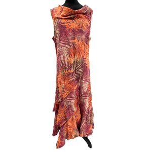 Vtg Paradise NY Maxi Dress XL‎ Tropical Asymmetrical Hem Ruffle Resortwear
